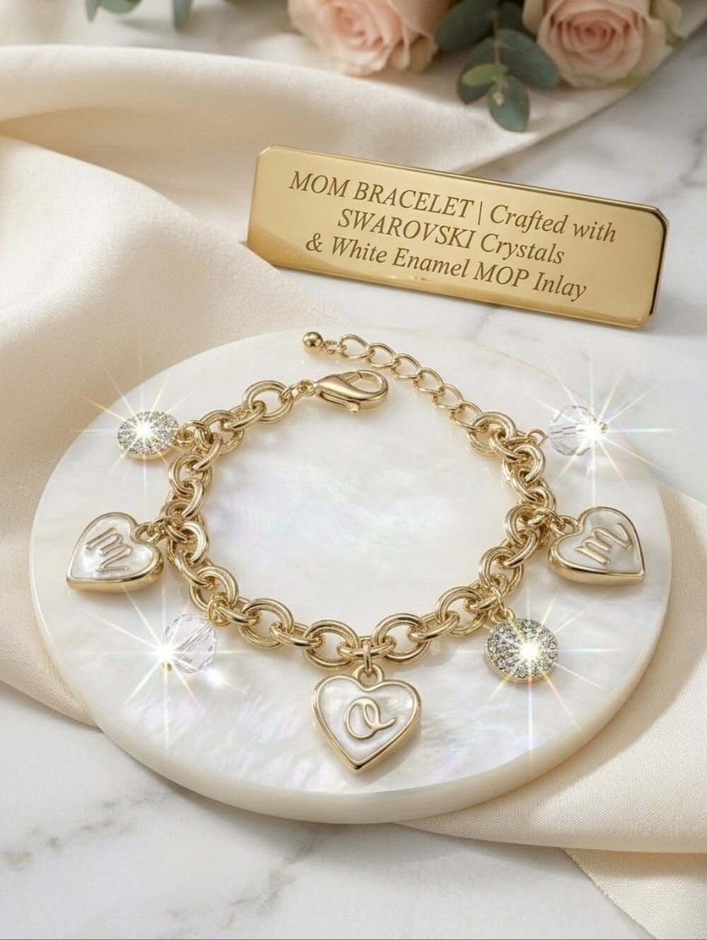 Rare Swarovski Crystal MOM Heart Charm Bracelet Champagne Gold Vintage NOS